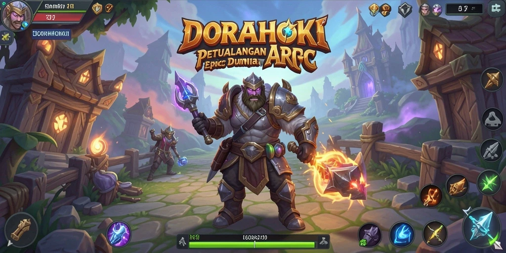 Tangkapan layar gameplay DORAHOKI yang menunjukkan pertarungan seru dan lingkungan yang indah.