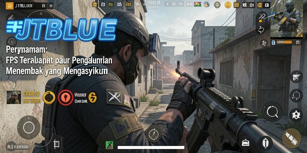 Tangkapan layar utama JTBLUE menampilkan aksi menembak yang seru.