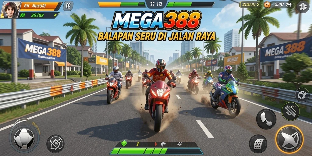Gameplay MEGA388 dengan aksi balapan yang mendebarkan.