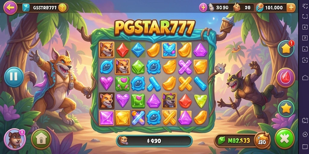 Screenshot PGSTAR777 menunjukkan gameplay Match-3 yang seru dan penuh warna.