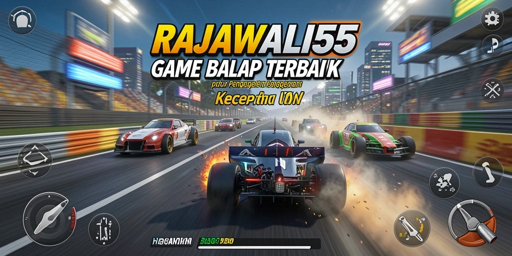 Tampilan gameplay mendebarkan di RAJAWALI55 dengan aksi balap yang intens.